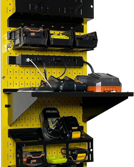 Wall Control Power Tool Storage Organizer Kit Cordless Drill Holder Charging Station Rack 16” x 32” Metal Pegboard Organization System (Yellow Pegboard)