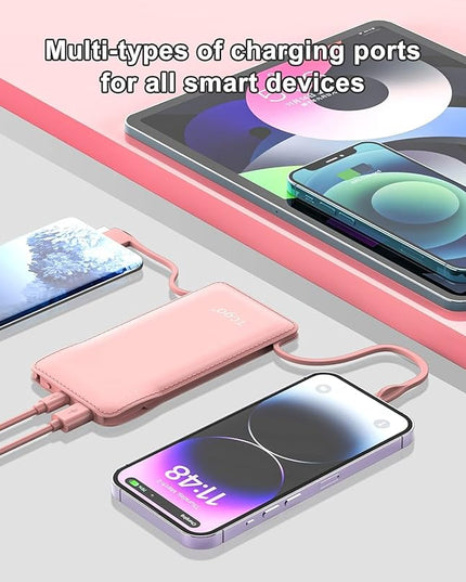 TG90° 10000mah Portable Charger Power Bank with Built-in Cables(No AC Plug),Travel Essentials Battery Pack with Cords Portable Phone Charger Compatible with iPhone and Android Smart Devices
