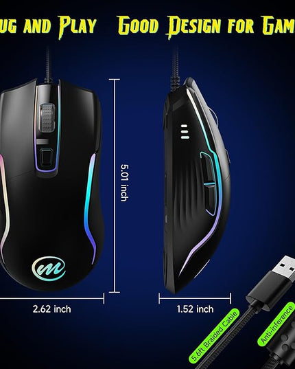 memzuoix Wired Gaming Mouse with RGB - 6 Adjustable DPI up to 12800, 6 Buttons, 12 Lighting Modes, Ergonomic Design with Anti-Slip Rubber Wheel, 5.6ft Braided Cable for PC/Mac/Windows - Black