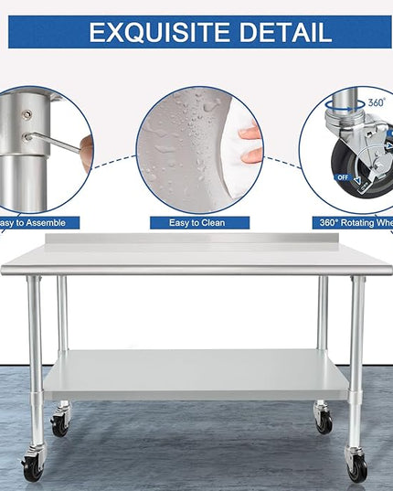 HARDURA Stainless Steel Table 30 x 48 Inches with Wheels Casters NSF Heavy Duty Commercial Prep Table with 2” Backsplash and Adjustable Undershelf for Restaurant Kitchen Home and Hotel