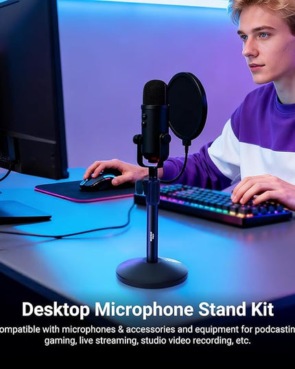 NEEWER Desk Microphone Stand, Adjustable Table Top Mic Holder Mount with 3/8" to 5/8" Screw Adapter Compatible with QuadCast SoloCast Shure Blue Yeti Snowball, Max Load 3.3 lbs, MS014