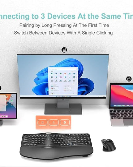 Arteck Ergonomic Keyboard with Cushioned Wrist Palm Rest, Multi-Device Wireless Bluetooth with USB-A USB-C Receiver Comfortable Ergonomic Split Keyboard, for Windows Computer Laptop PC Tablet