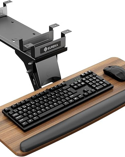 EUREKA ERGONOMIC Keyboard Tray Height Adjustable, Swivel Tilt Computer Keyboard Drawer Under Desk, 25x9.13'' Sliding Keyboard & Mouse Platform with Mouse Pad for Typing, Walnut