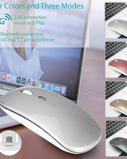 Q&F Tech Wireless Bluetooth Rechargeable Mouse/Mice, LED Slim Two Modes(2.4G+BT5.4) Silent/Quiet Buttons with 3 Adjustable DPI, for Computer/Desktop/PC/Laptop/MacBook/iPad/Tablet/iPhone_DeepGray