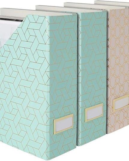 BLU MONACO | Set of 4 Foldable Pink & Aqua Magazine File Holders with Gold Geometric Patterns | Vertical File Organizer Boxes with Gold Label Holders for Home & Office