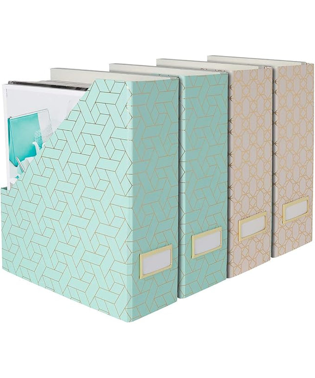 BLU MONACO | Set of 4 Foldable Pink & Aqua Magazine File Holders with Gold Geometric Patterns | Vertical File Organizer Boxes with Gold Label Holders for Home & Office