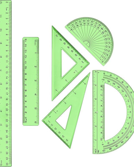Tenare 1 Set Plastic Clear Math Set Includes Protractor Triangle Rulers 12 Inch 6 Inch Straight Geometry Math Transparent Ruler Measuring Tool for School Office Home Supplies (Green)