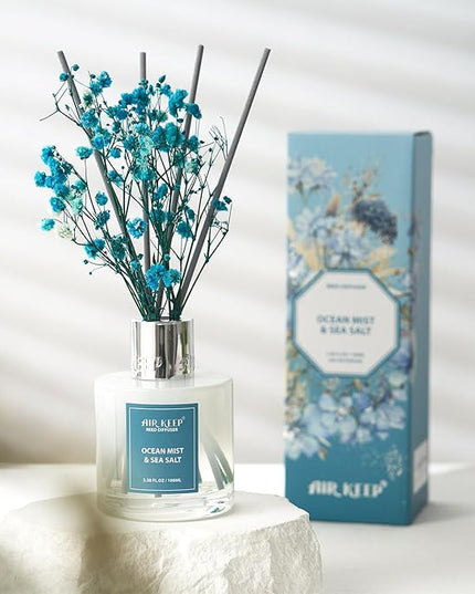 Airkeep Reed Diffuser Set,3.38 fl oz (100 ml) - Ocean Mist&Sea Salt Oil Diffusers with 8 Reed Sticks,Home Fragrance Reed Diffuser for Bathroom Shelf Decor