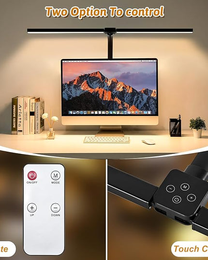 Double Head LED Desk Lamp with Remote Control for Home Office 24W Brightest Computer Desk Light for Workbench Drafting Architect Study Reading with Clamp and Base
