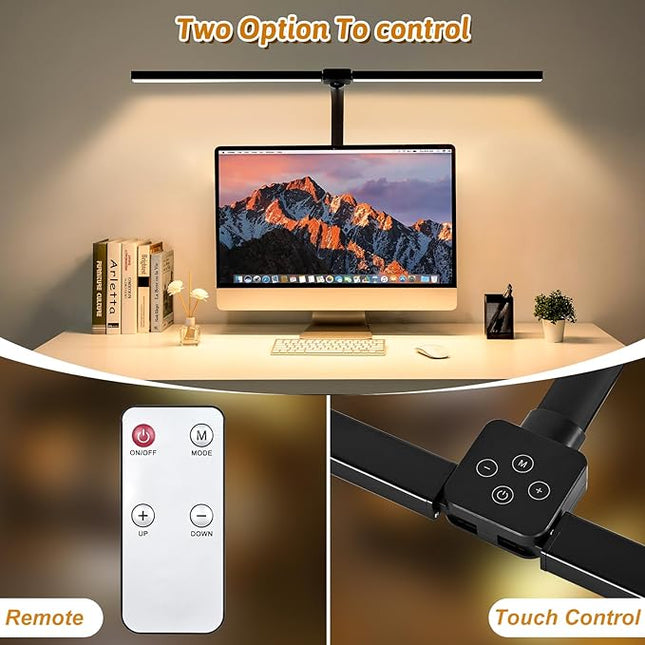 Double Head LED Desk Lamp with Remote Control for Home Office 24W Brightest Computer Desk Light for Workbench Drafting Architect Study Reading with Clamp and Base
