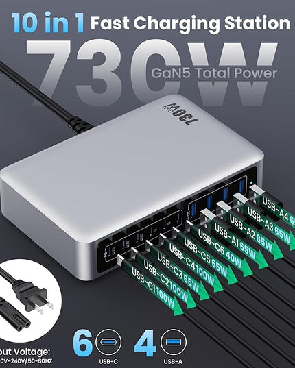 730W USB C Charger Block,GaN IV Fast Charging Station Hub 10 Ports,QC4.0+3 PD 100W USB C Laptop Charger Ports Power Adapter Compatible with MacBook Air/Pro,DELL,iPhone 17/16/15/14/13,iPad,Steam Deck