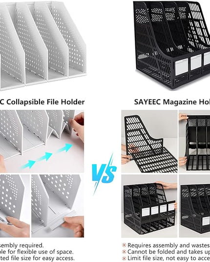 SAYEEC Collapsible Magazine Holder Plastic Desktop 4 Compartment File Desk Magazine Organizer Vertical File Divider Sorter Storage Document Organizer for Office Home School Gray