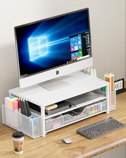 OPNICE Desk Organizers and Accessories, 2-Tier Computer Monitor Stand Riser with Drawer and 2 Pen Holders, Laptop Stand, Office Desk Accessories for Office Supplies, White