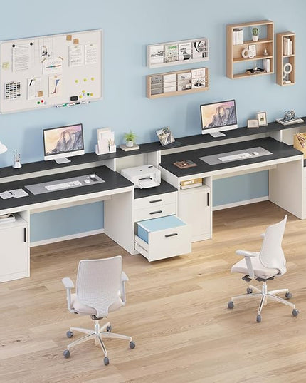 65 Inch Computer Desk with 3 Drawers & Storage Shelves, Executive Desk with File Drawer & Cabinet, Home Office Desk with Long Monitor Stand & Printer Shelf, Black & White