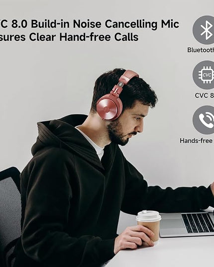 OneOdio Bluetooth Over Ear Headphones, 110 Hrs Wireless/Wired Stereo Sound Foldable Headsets with Deep Bass 50mm Neodymium Drivers for PC/Phone/Tablet - Studio Wireless Pro C, Rose Gold