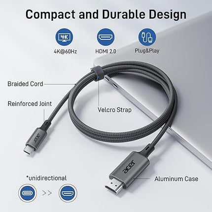 acer USB C to HDMI Cable for Home Office 10FT (4K@60Hz), High-Speed Type C to HDMI 2.0 Braided Cord, Thunderbolt 4/3 Compatible with MacBook, iPhone 16/15 Pro/Max, iMac, iPad Pro, Galaxy S24, Surface