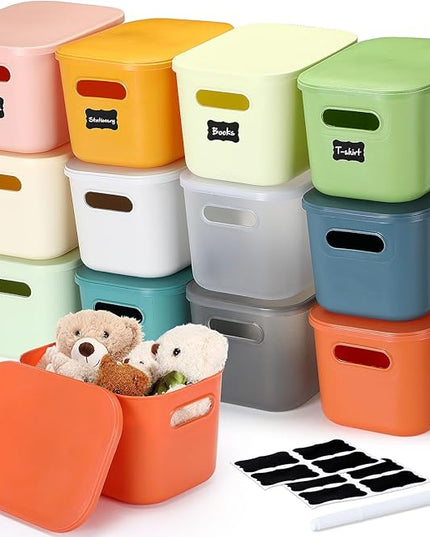 Thyle 12 Pack 7 Quarts Plastic Storage Bins for Christmas Storage with Lids Handles Colorful Stackable Desktop Box Bins with Label for Shelf Drawer,10 x 7 x 6 Inch (Classic Color)
