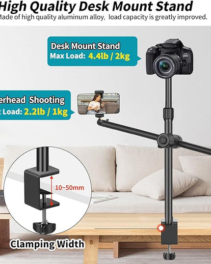 Camera Desk Mount Webcam Stand with Overhead Articulating Magic Boom Arm 1/4" Ball Head for DSLR Tripod, Adjustable Light Stand, Tabletop C Clamp for Ring Light Photo Video Shooting Live Streaming