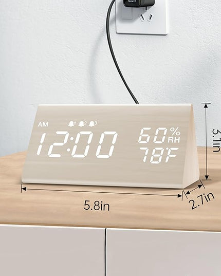 Digital Alarm Clock, with Wooden Electronic LED Time Display, 3 Alarm Settings, Humidity & Temperature Detect, Wood Made Electric Clocks for Bedroom, Bedside (White)