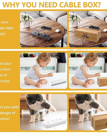 Bamboo Cable Management Box,Extra Large Cord Organizer Box,Power Strips Hider,Plug Strip Cord Box,Outlet Holder,Cords Concealer,Wires Covers,Desk & Floor Tidy Solution (Straight lid)
