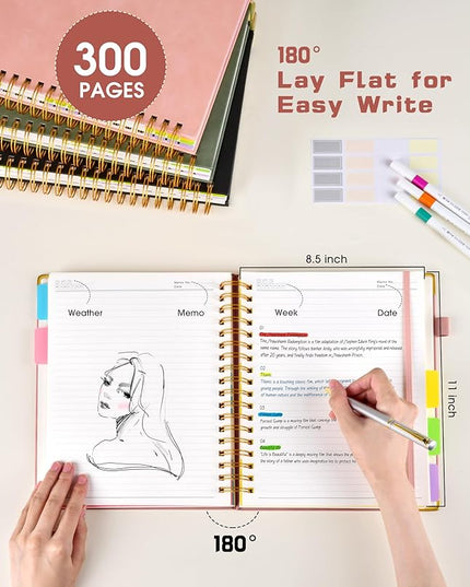 Hardcover Spiral Notebook 8.5"x11" Journal with Removable Dividers Tabs, 300 Pages Leather 5 Subject Notebook College Ruled, Large Notebooks for Work School, Lined Journal for Women, A4 Rose gold