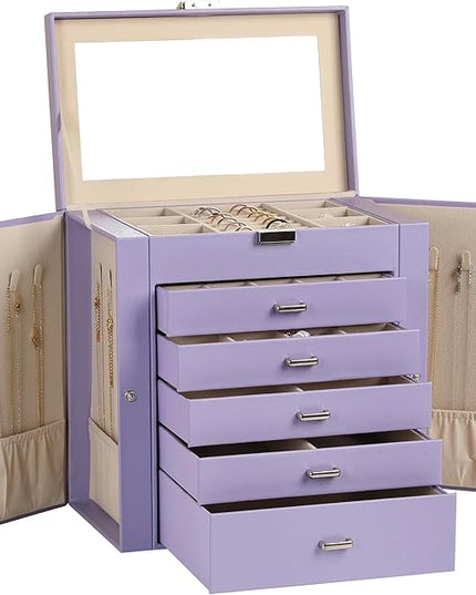 Frebeauty Large Jewelry Box,6-Tier PU Leather Jewelry Organizer,Multi-functional Storage Case with Mirror,Accessories Holder with 5 Drawers for Necklace Bracelets Watches（Purple）