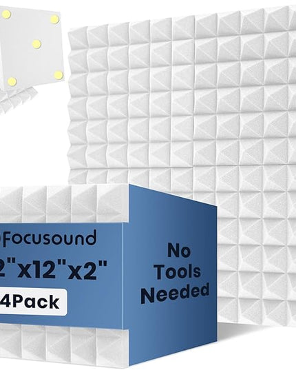 Focusound White Acoustic Panels 24 Pack 2"x12"x12" with 120 PCS Double-Side Adhesive - Sound Proof Pyramid Foam for Walls, Home Studio Noise Absorption & Echo Control Kit