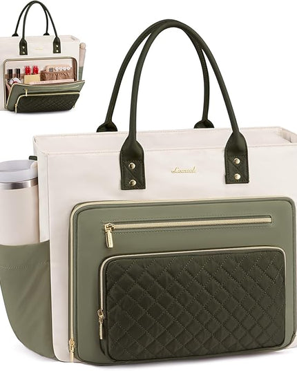 LOVEVOOK 17 Inch Laptop Tote Bag for Women, Teacher Nurse Work Bags, Laptop Bag With Large Cup Holder, Professional Briefcase Business Computer Purses Handbag Gifts,Light Green-Beige-Olive Green