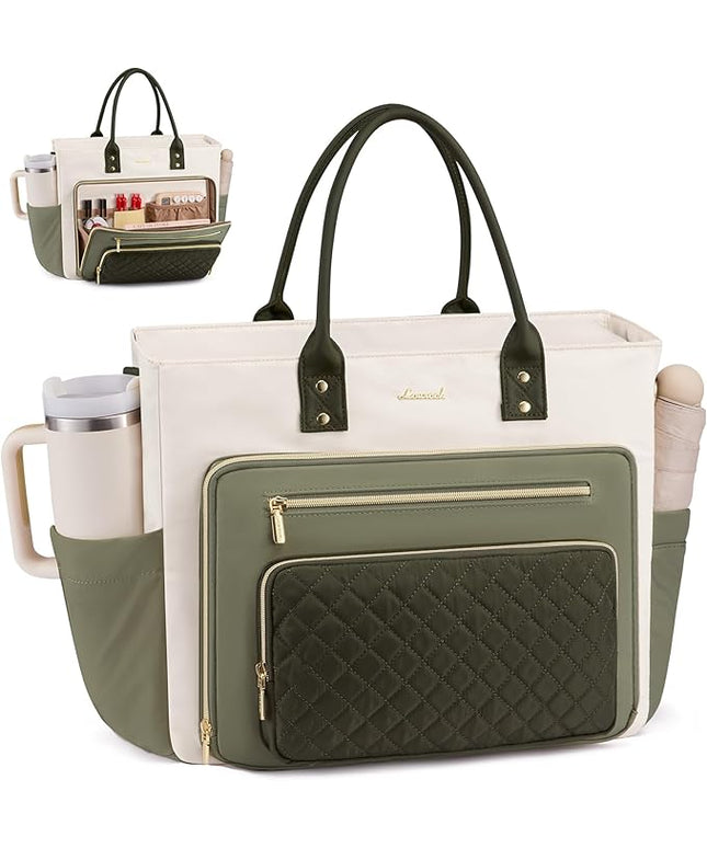 LOVEVOOK 17 Inch Laptop Tote Bag for Women, Teacher Nurse Work Bags, Laptop Bag With Large Cup Holder, Professional Briefcase Business Computer Purses Handbag Gifts,Light Green-Beige-Olive Green