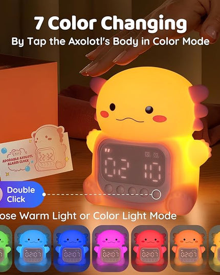 Axolotl Alarm Clock with Night Light for Kids, Rechargeable Silicone Lamp Time to Wake Clock，Cute Animal Tabletop Lamp, Perfect Sleep Companion for Boys Girls