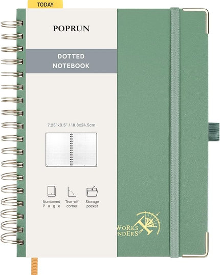 POPRUN Spiral Bullet Dotted Journal Notebook, 7-1/4" x 9-1/2" - 120 GSM Thick Paper, 220 Numbered Pages, Hardcover for Men & Women with Pocket, Index Tabs, 8 Perforated Sheets, Midnight Green
