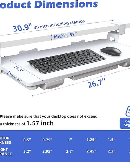 Keyboard Tray Under Desk with Drawer,26.77" X 11.81"Large Size Keyboard Tray with C Clamp-on Mount, Easy to Install, for Home Office (White)