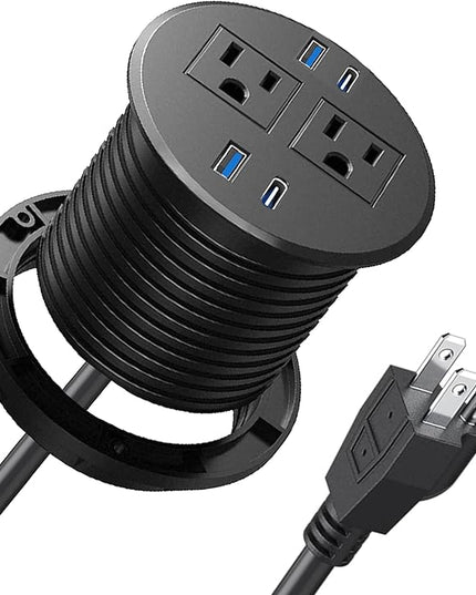 Recessed Power Strip,Fast Desktop Charging Station,2 Outlets,4 USB Ports to Desktop,Plain Mounted Desktop Power Outlet,3 "Hole,6.5 FT Cable for Computer,Desk,Kitchen,Office (Black)