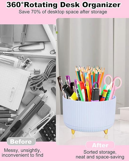Desk Organizers and Accessories Set with 360-Degree Rotating Pen Holder, Tape Dispenser, Stapler, Staple Remover, 1000 Staples, Tape, Clips Set, Ruler, Scissor, Pen
