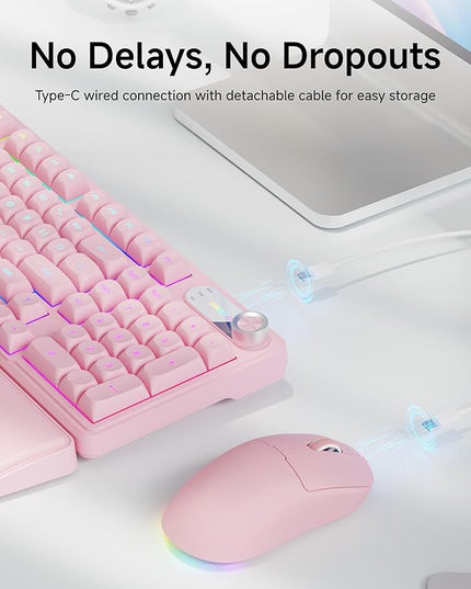 C98 Wired Keyboard and Mouse Combo, Wired Computer Keyboards with Wrist Palm, Double-Shot Keycaps, Silent RGB Backlight Keyboard for Windows/MAC/PC (Pink)