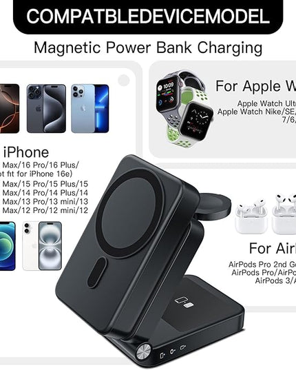 HUOTO 3 in 1 Foldable Magnetic Wireless for iPhone Charging Station,10000mAh Portable Charger Power Bank with Stand for MagSafe Battery Pack for iPhone 17/16/15/14/13/12 Series/Apple Watch/Air pods