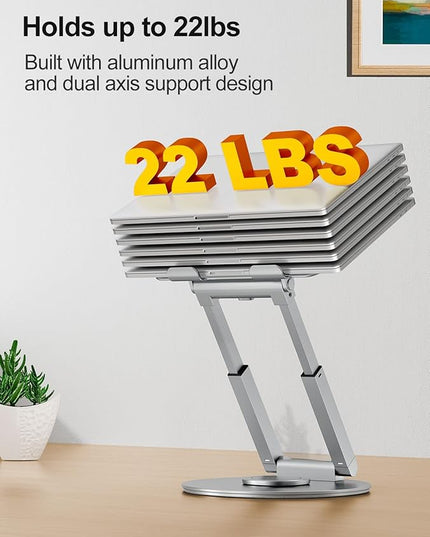 tounee Telescopic Laptop Stand for Desk with 360° Swivel Base, Sit to Stand, Height Adjustable, Portable Riser Holder for Good Posture, Compatible with All Laptops 10-17"-Silver