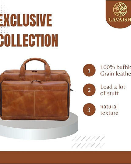 LAVAISH Handmade Full-Grain Leather Briefcase for Men & Women–17" Laptop Bag with Computer Compartment Office Satchel Bag