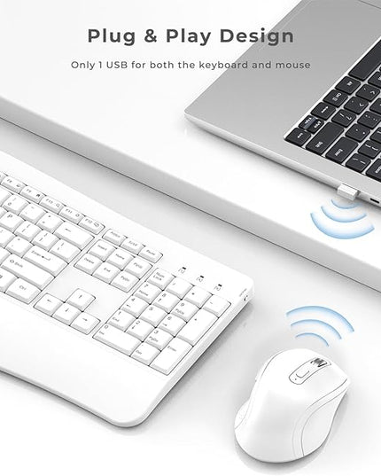 Ergonomic Keyboard and Mouse Combo, Full Size Cordless Computer Keyboard with Palm Wrist Rest Ergonomic Mouse for Windows Computers Laptops - White