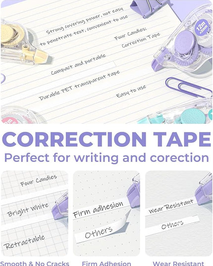Four Candies White Correction Tape, 39.4 Feet, 4 Pack Easy to Use Applicator for Instant Corrections, Tear-Resistant, Smooth & Quick-Drying Tape for Office & School Supplies