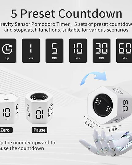 Productivity Timer Flip Gravity Sensor Pomodoro Cube Timer Countdown & Countup,1/5/10/30/60min Preset & Custom Timing, Mute/Vibrate/Sound for ADHD,Work,Study,Kitchen(1, White Hexagon)