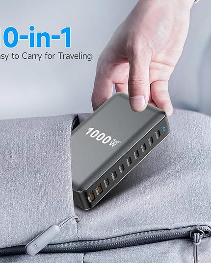1000W 10-Port GaN 4 Desktop Charging Station with 240W 6.6 ft Data Cable - Compatible with Tablets, Phones, Laptops, Gaming Consoles, Headphones