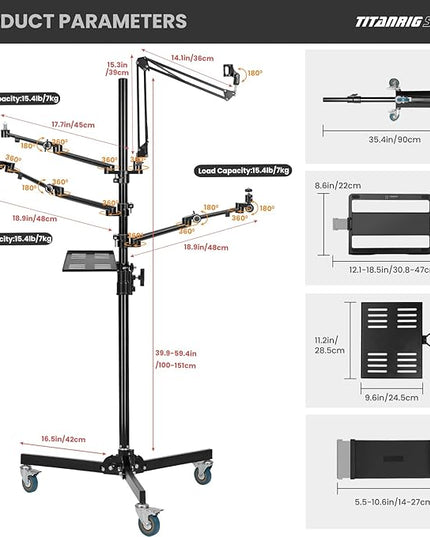TARION Live Streaming Stand with Wheels - 61"/155cm 5-in-1 Stream Stand Equipment Kit: 1 Mic Boom + 3 Articulated Arms + 1 Projector Holder, Adjustable Heavy-duty Floor Live Tree Stand Setup TitanRig