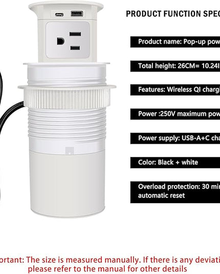 Pop Up Outlet 15W Wireless Charger,with 4 Outlets 1875W USB-C PD20W Super Charging 6.5FT 16AWG Cable 3.86 inch Desk Hole Pop Up Power Outlet for Kitchen Countertop,Office Conference Table (White)