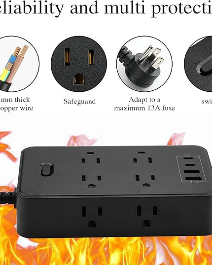 10FT Power Strip Extension Cord Surge Protector with 8 Outlets and 2 USB & 2 USB-C Port(5V 3.1A),Bold Extension Cord with Fuse Surge Protected Power Strip for Home Office (Black)