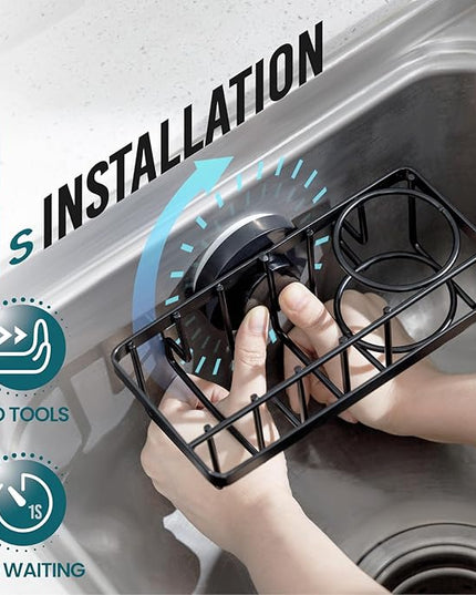 TAILI 4-in-1 Sponge Holder for Kitchen Sink with Strong Suction Cup Removable, Rustproof Aluminum Sink Caddy for Sponge, Brush, Scrubber, Scraper -Black