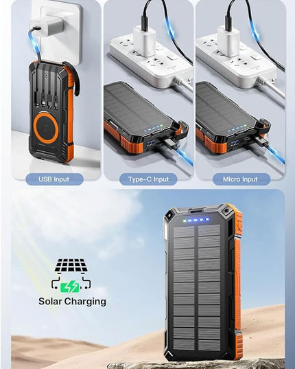 Solar Power Bank 49800mAh Wireless Portable Charger with USB-C 15W Fast Charging with 4 Built-in Cables LED Flashlight Battery Pack Compatible with iPhone, iPad, Smartphone,Perfect for Camping, Hiking