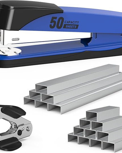 Metal Stapler Heavy Duty 50 Sheet Capacity with 1750 Staples and Staple Remover, Full Strip Staplers for Desk, No Jam, Non-Slip for Office & Classroom, Blue
