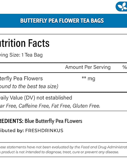 FreshDrinkUS, Premium 35 Butterfly Pea Tea Bags, 100% Natural and Pure from Butterfly Pea Flowers, Hand-made, Made With Natural Materials-Corn Fiber Tea Bag, Sugar/Caffeine/Gluten Free, Vegan