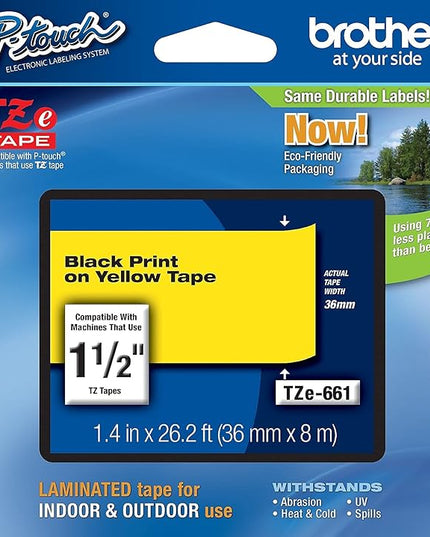 Brother Genuine P-Touch TZE-661 Tape, 1 1/2" (36 mm) Standard Laminated P-Touch Tape, Black on Yellow, for Indoor or Outdoor Use, Water-Resistant, 26.2 ft (8 m), Single-Pack